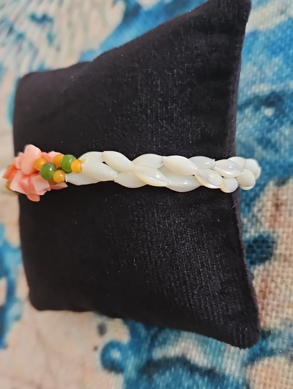 Vintage Mother of Pearl, Coral and Jade Bracelet